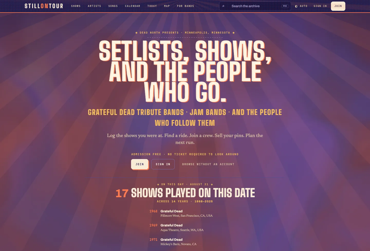 Still On Tour homepage introducing the member-built concert archive and its main ways to explore shows, artists, songs, calendar, and map.