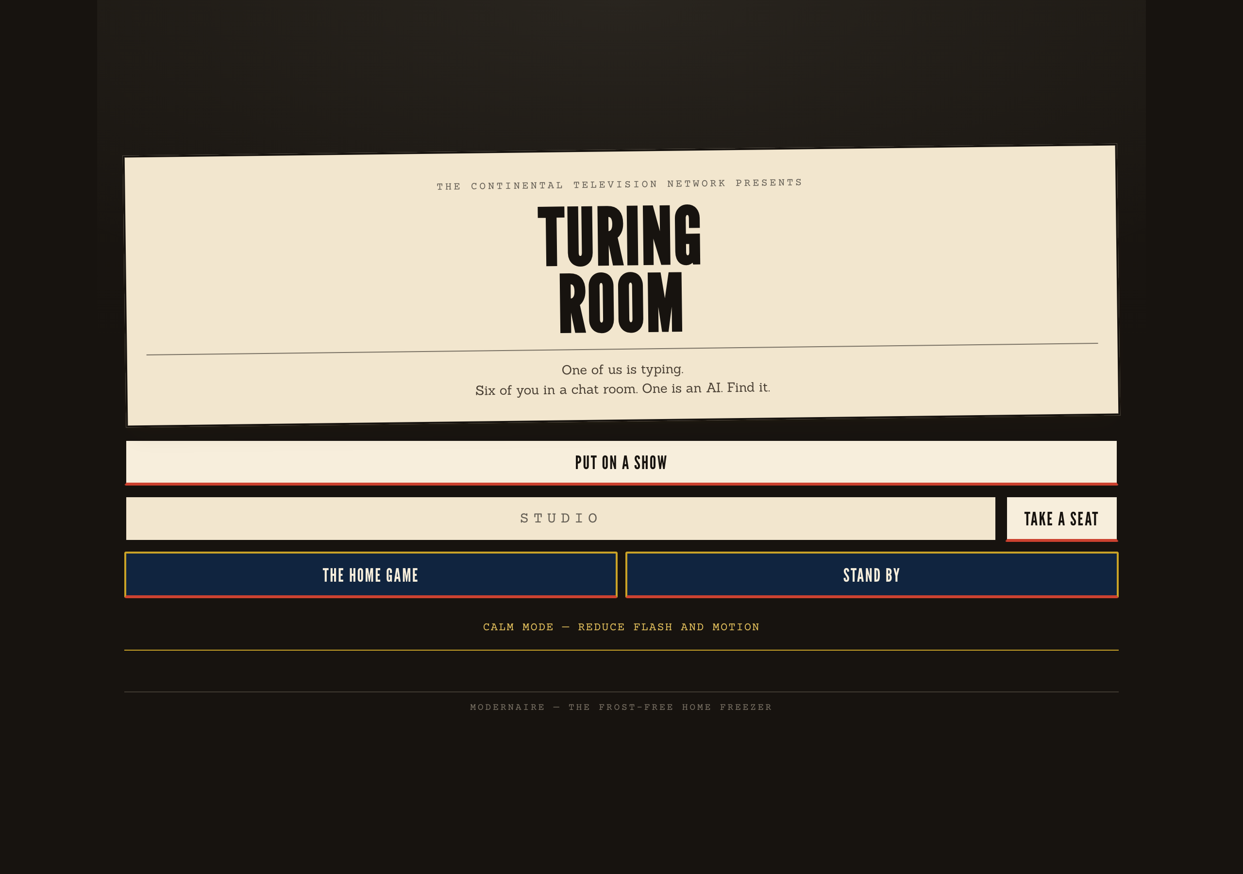 The Turing Room title card: cream card stock, condensed gothic lettering, on a dark studio ground.