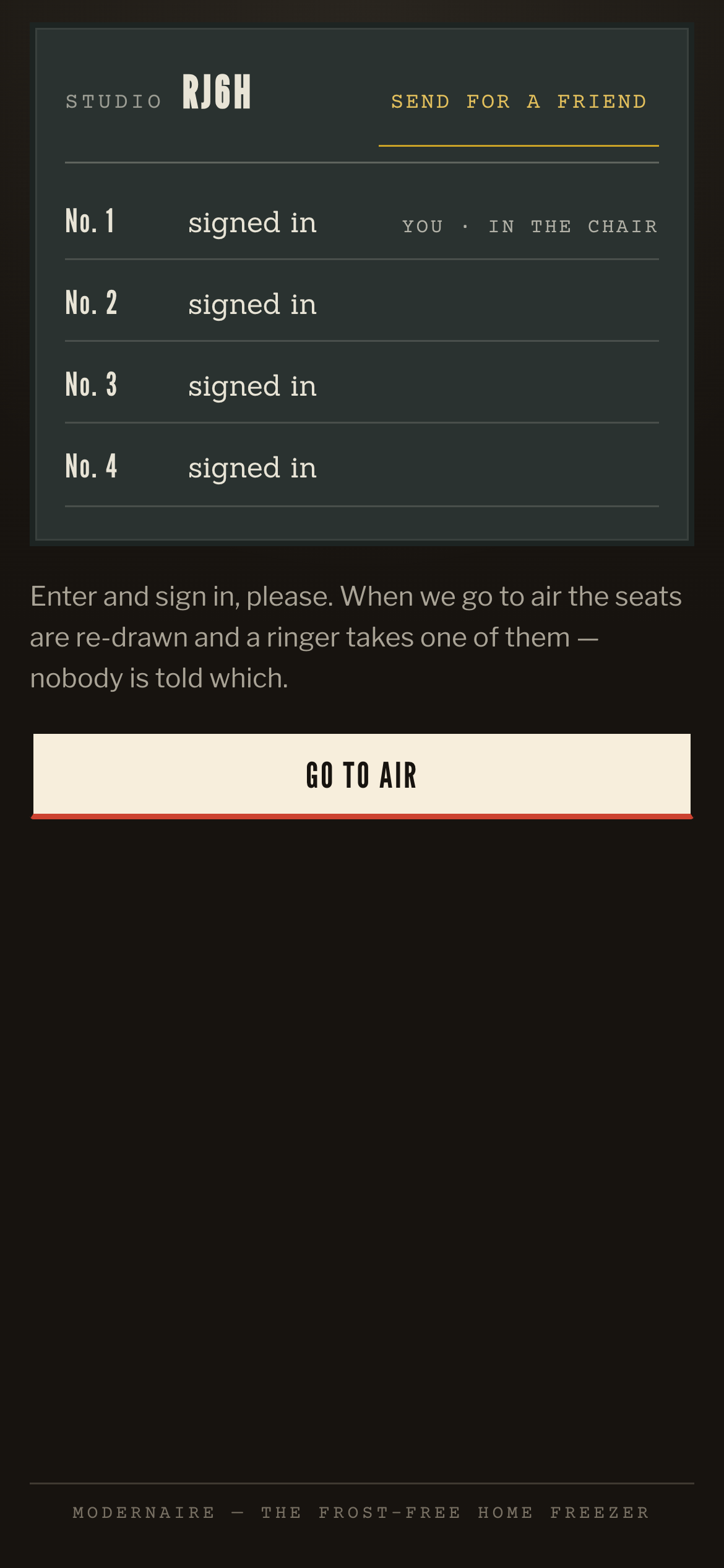 The sign-in slate: a dark chalkboard listing numbered panelists who have signed in.