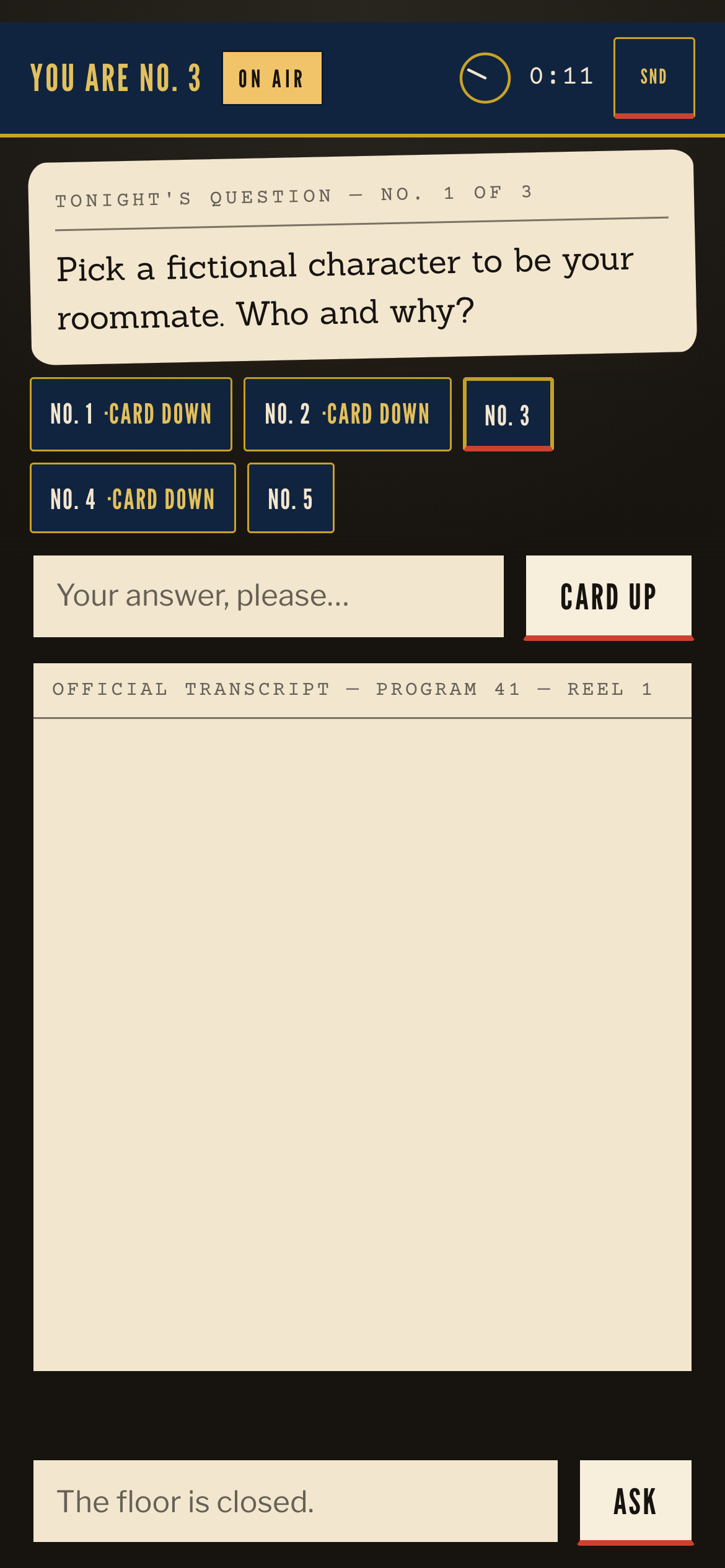 On a phone: the plate rail, a tilted cream question card, and five numbered seat cards.