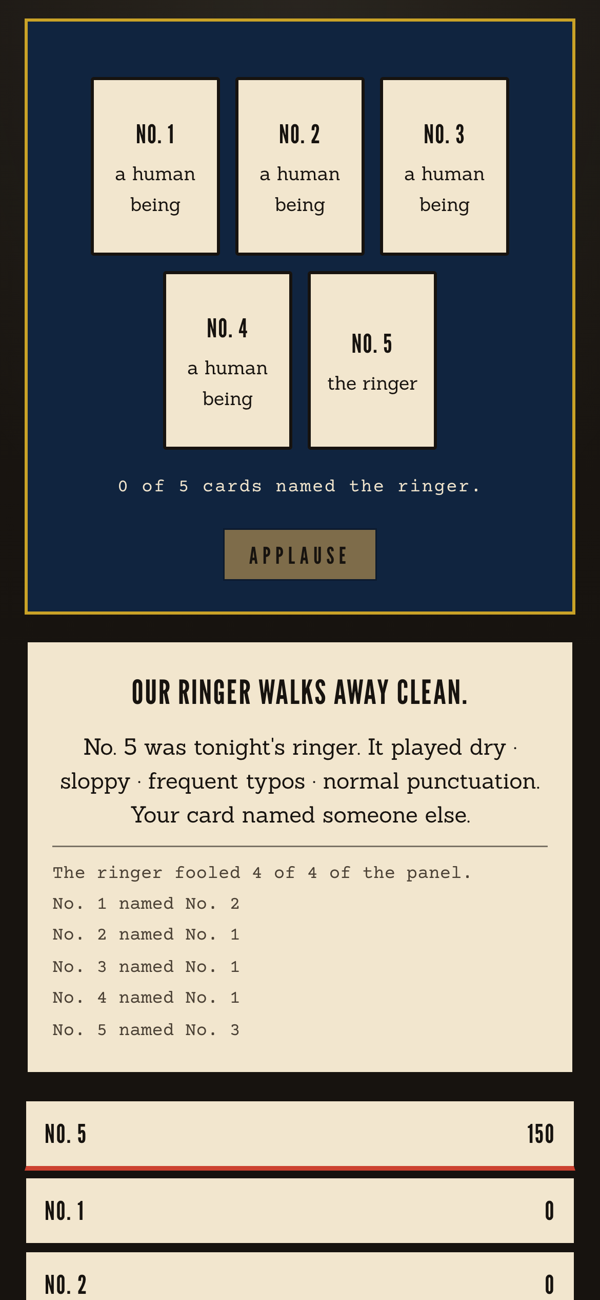 The reveal: numbered cards face-up on the panel desk, four reading “a human being” and one reading “the ringer”, with the tally and an unlit APPLAUSE panel.